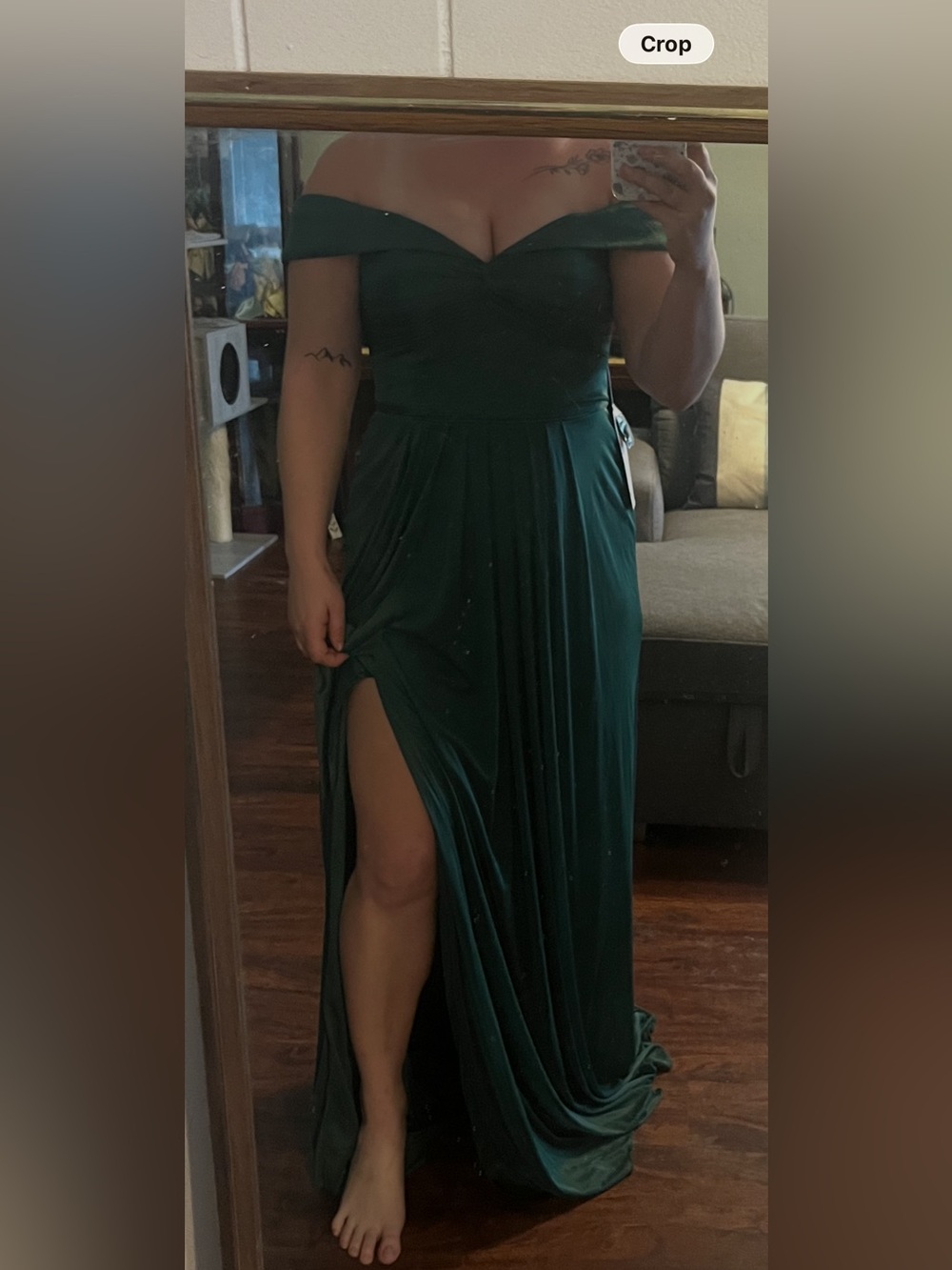 Azazie Emerald Off-Shoulder Gown with Side Slit
